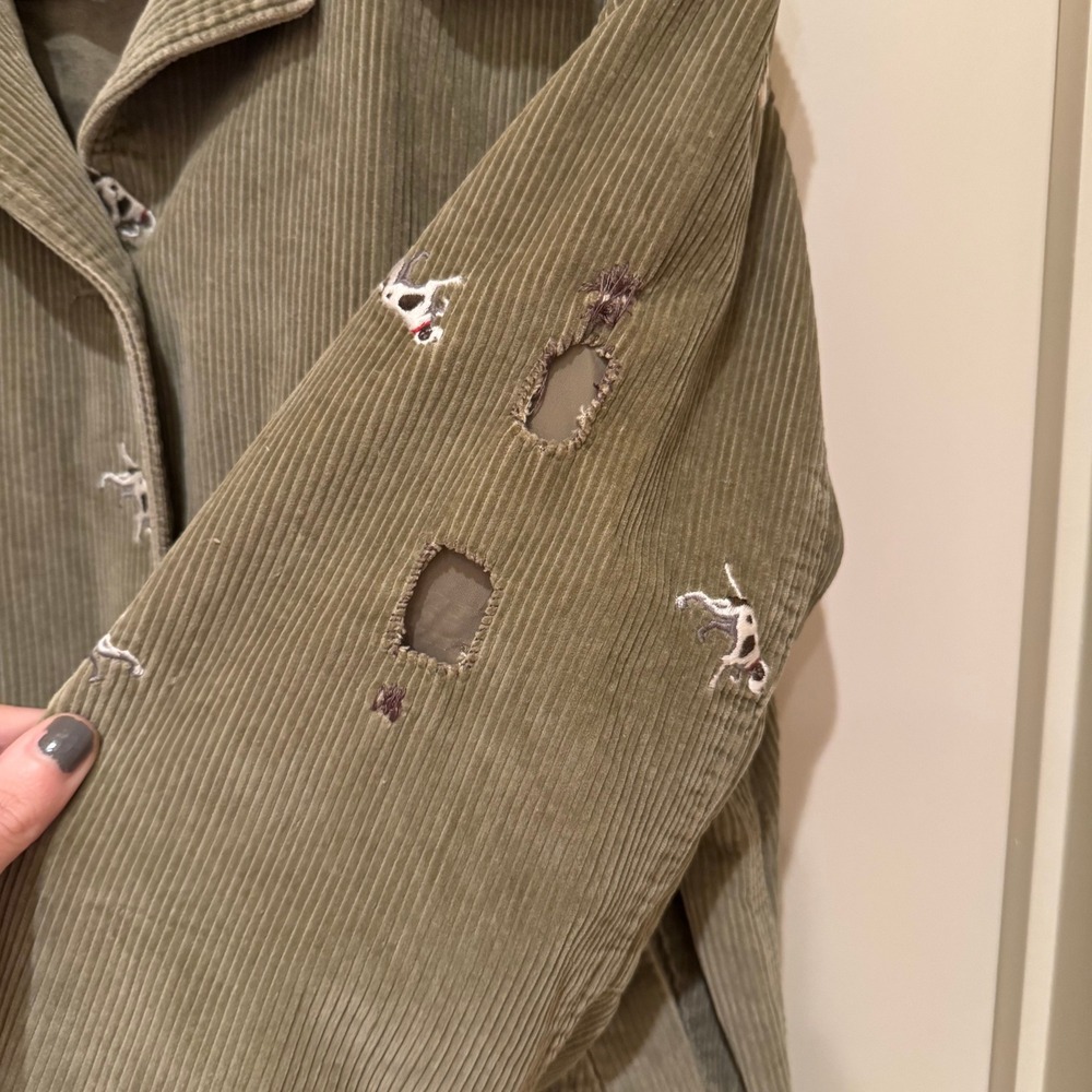 LL Bean Barn Jacket Womens M Green Corduroy Embroidered Dog Field Coat Read - Picture 6 of 8